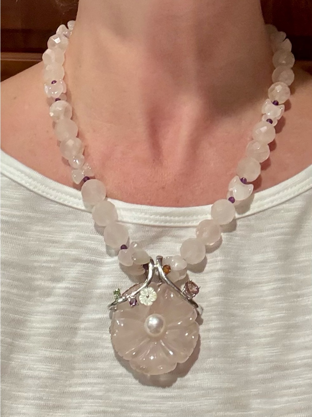 Rose Quartz Floral Pendant Necklace with Pearl Accent Sterling 925